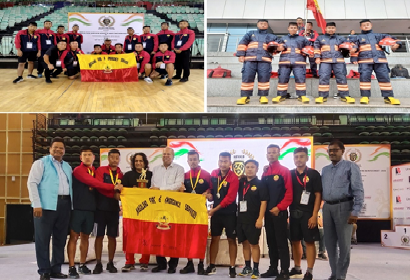 Nagaland Fire & Emergency Services team top left, drill squad in combat suit top right  and drill squad along with AIFSSCB officials